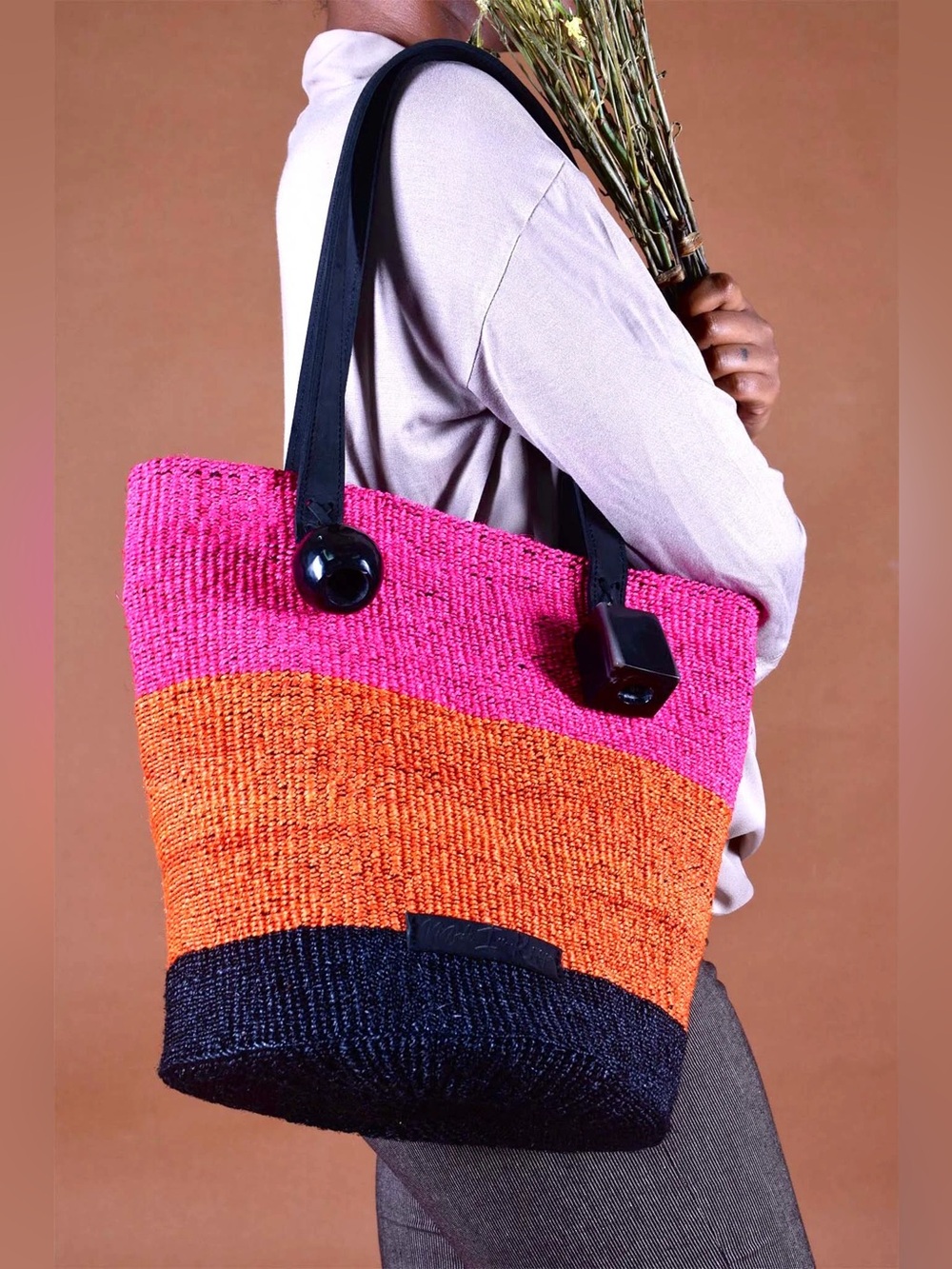 Airi Livu Handwoven in Kenya Tote Bag, Hand-dyed, Cow Horn Accents